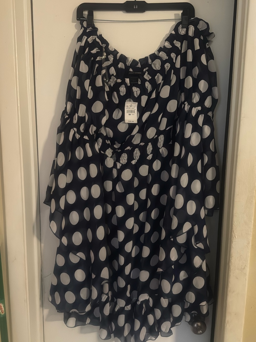 Navy and White Polka Dot Off-Shoulder Women's Top